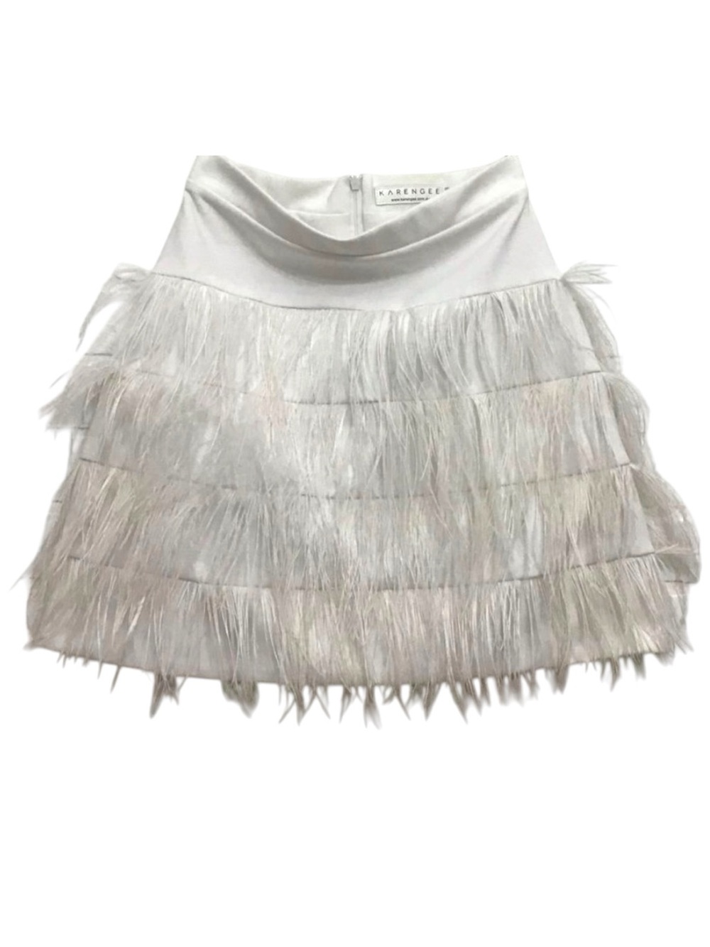 Stunning designer KAREN Gee mini skirt Australian white feathers XS Karengee